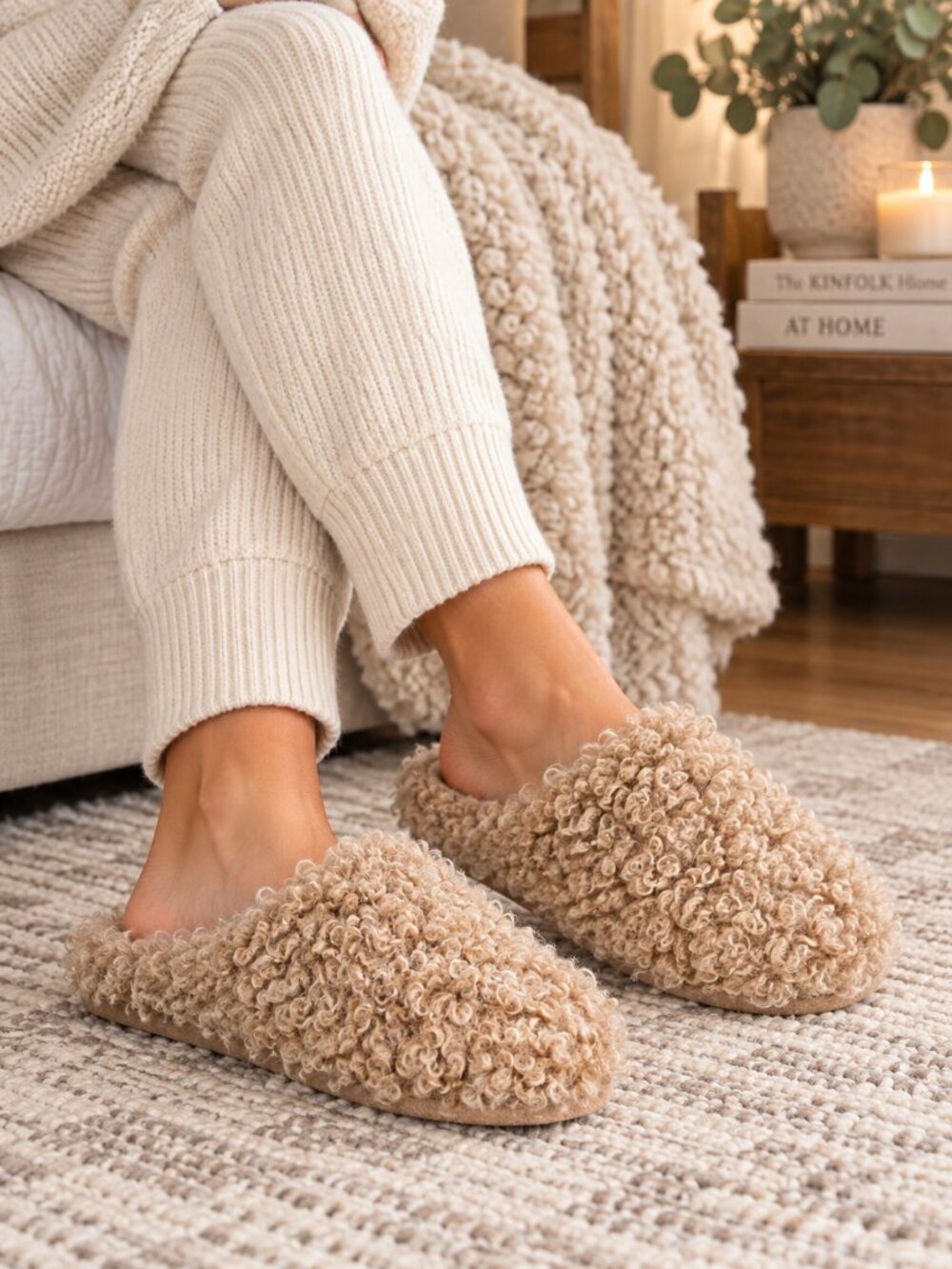 Papinelle Soft Teddy Mule Slippers Curly Faux Fur Tan Brown M 7-8